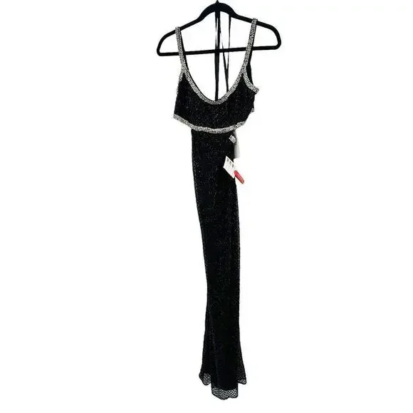 Mac Duggal Beaded Open Back Cut- Out Back Slit Gown Prom Dress Black Size 6 NWT